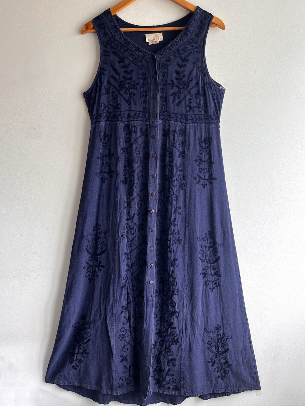 Vintage 90s Scarlet Blue Embroidered Maxi Dress Medium 100% Viscose Boho